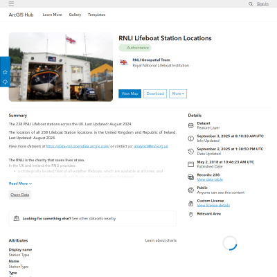 Screenshot of RNLI Lifeboat Station Locations - ArcGIS Hub