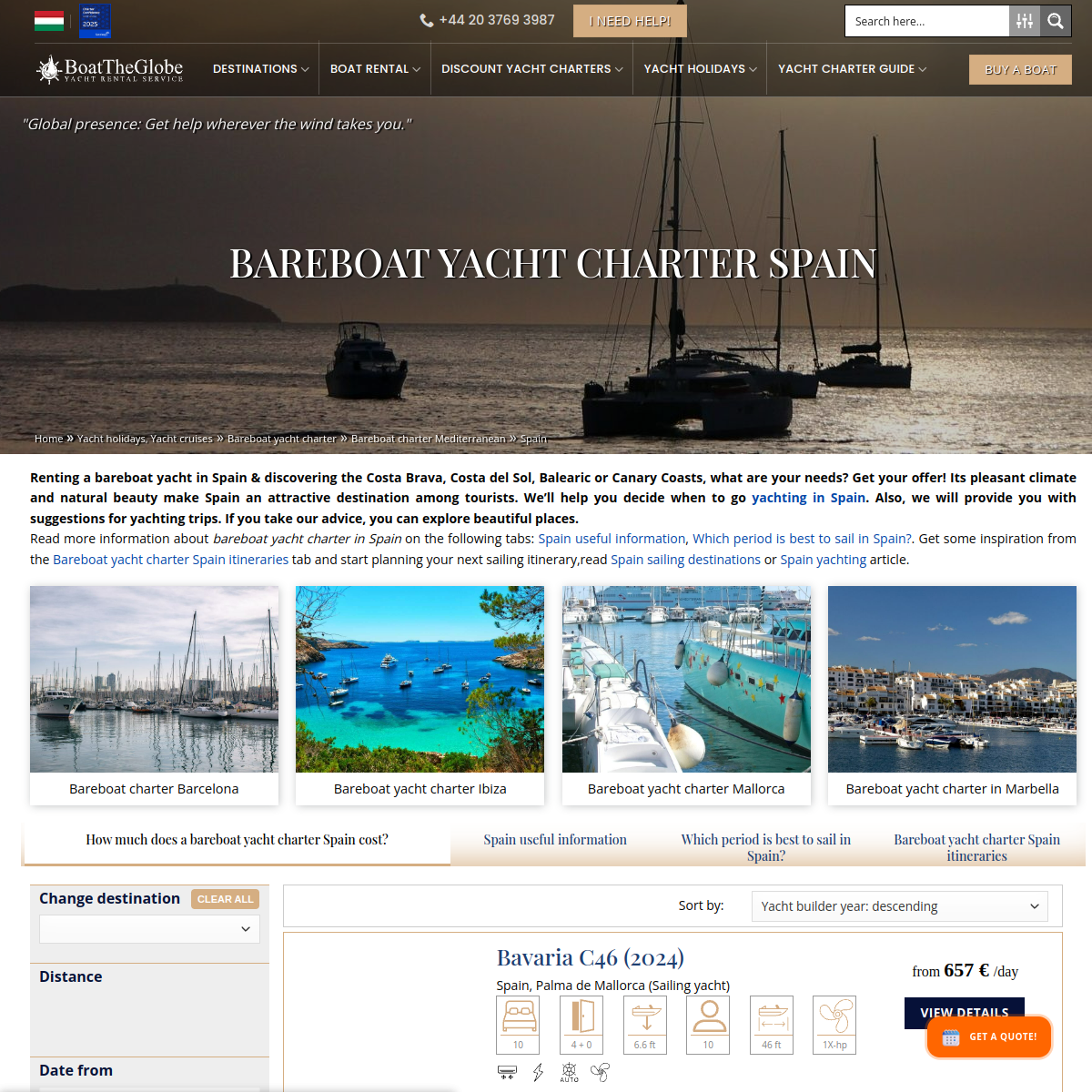 Screenshot of Bareboat yacht charter Spain prices and offers with 5* support