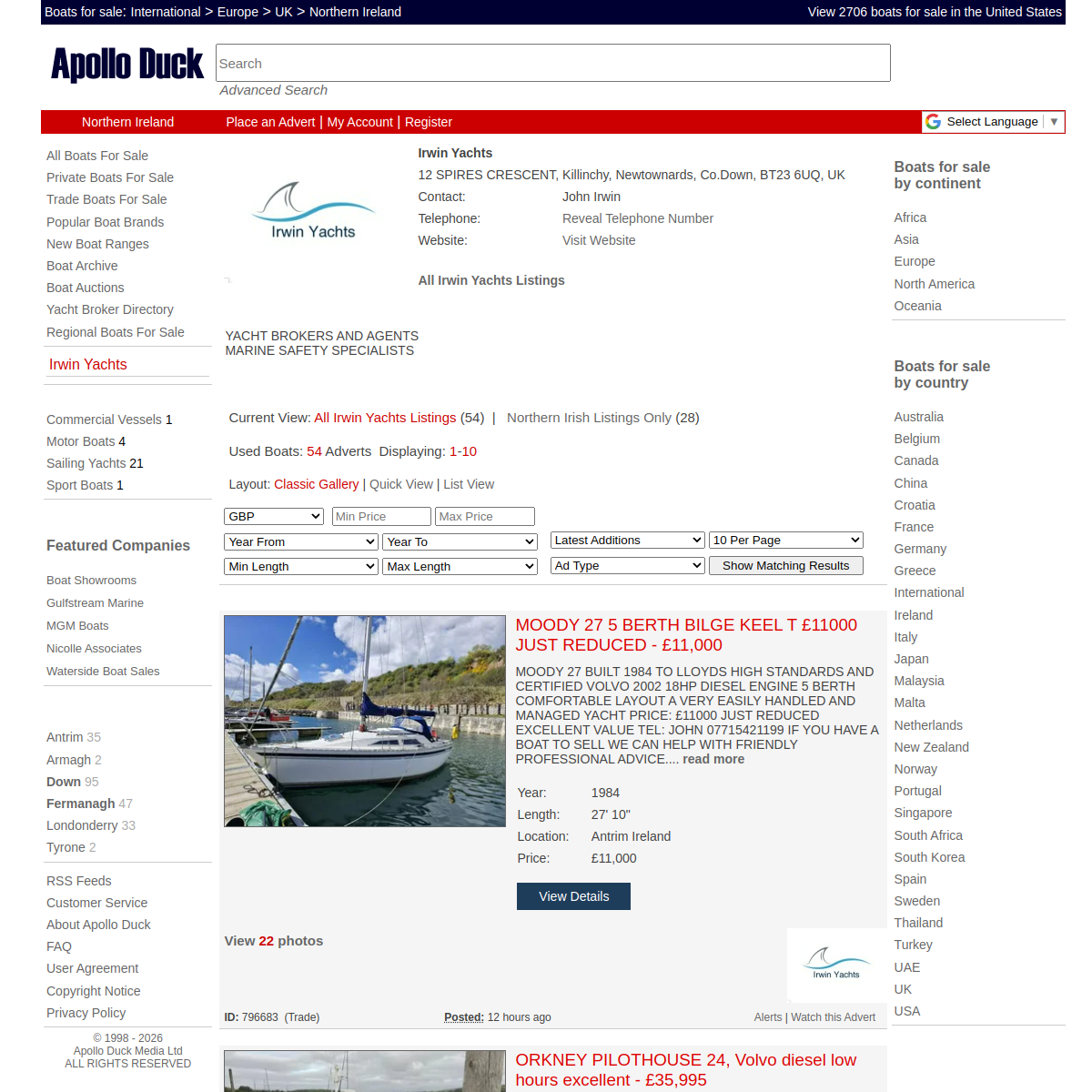 Screenshot of Irwin Yachts Listings - Apollo Duck