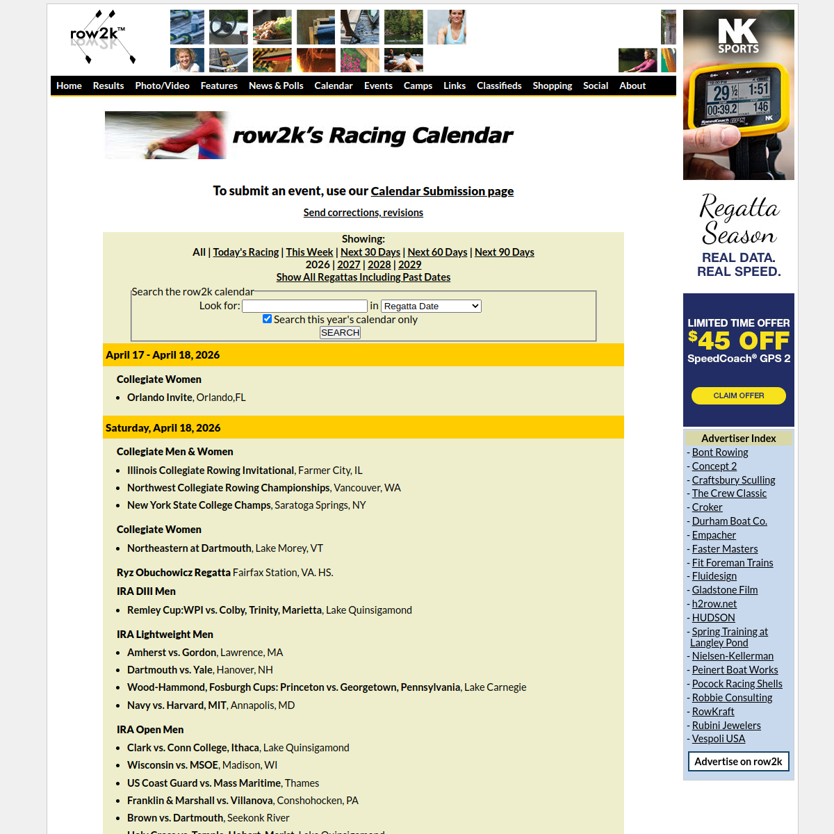 Screenshot of Rowing Regatta Calendar | row2k.com