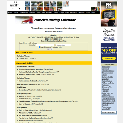 Screenshot of Rowing Regatta Calendar | row2k.com