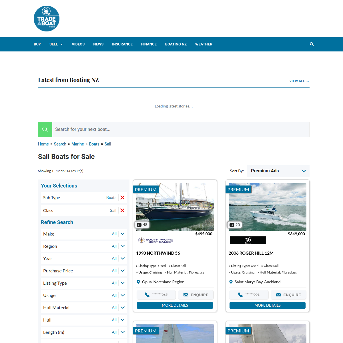 Screenshot of Sail Boats for Sale in New Zealand