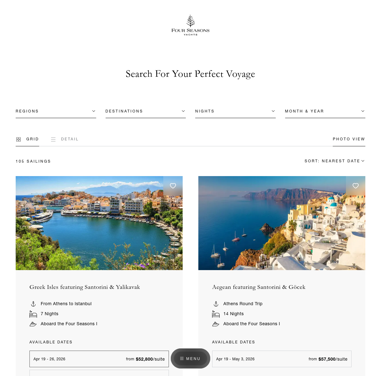 Screenshot of Find a Voyage - Four Seasons Yachts