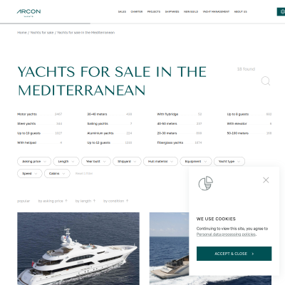 Screenshot of Yachts for sale in the Mediterranean - Arcon Yachts