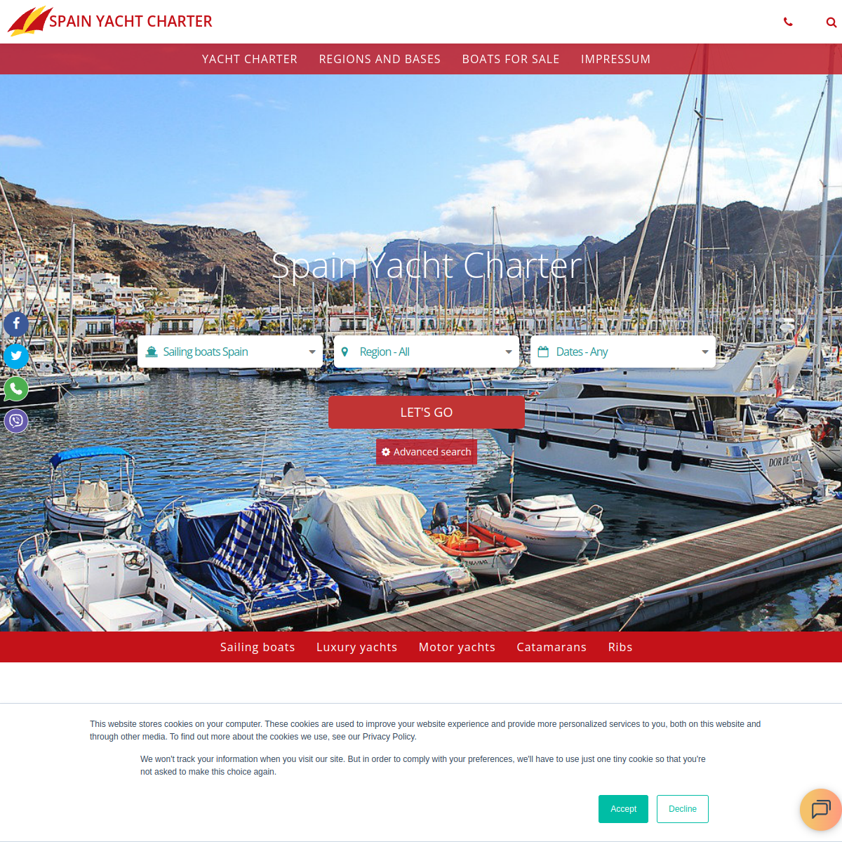 Screenshot of Spain Yacht Charter - motor yachts, sailing boats, catamarans, ribs ...