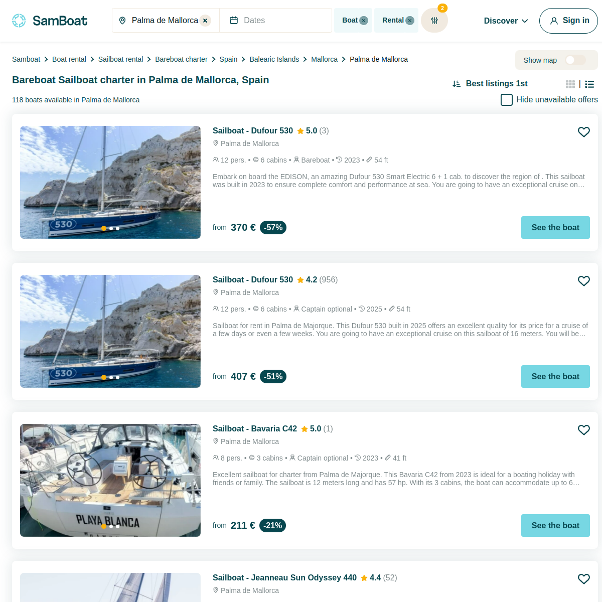 Screenshot of Bareboat Sailboat charter in Palma de Mallorca, Spain | SamBoat