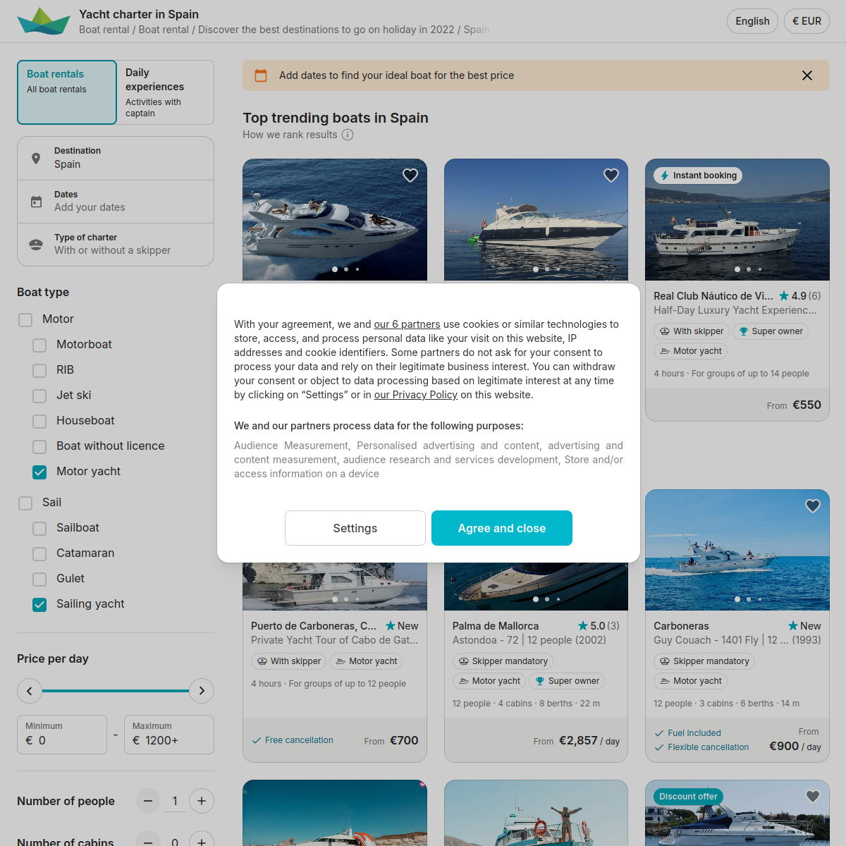 Screenshot of Yacht rentals in Spain - Charters for a cheap price - Nautal